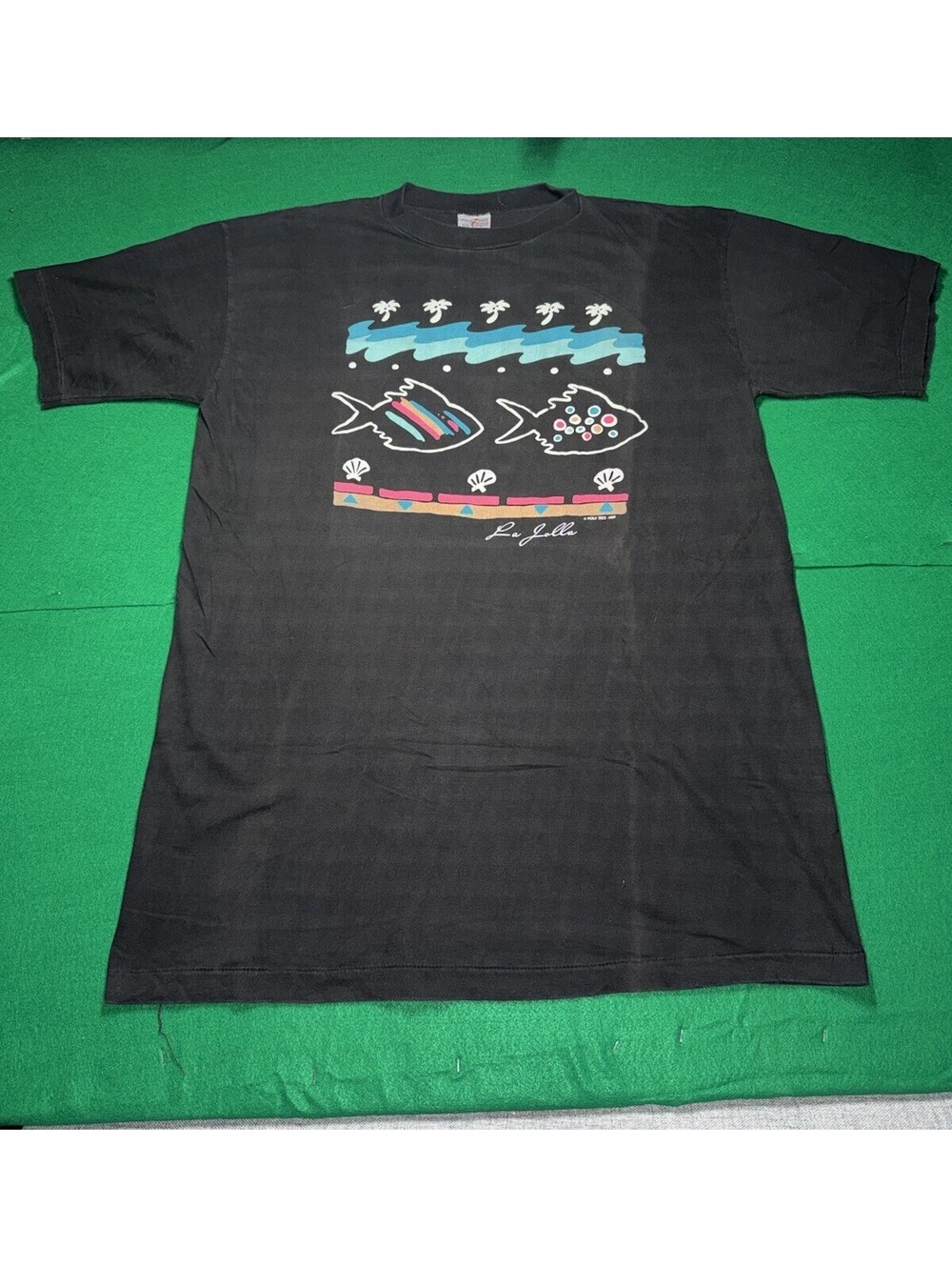 Vintage 90s Poly Tees Hawaii La Jolla Fish Graphic T Shirt Black Neon XXL